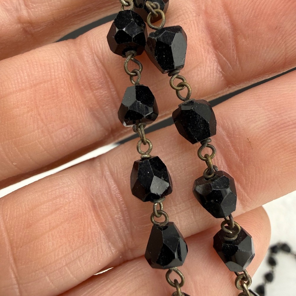 Vintage Estate Rosary Necklace Black Faceted Glass Beads Miraculous Medal 22"
